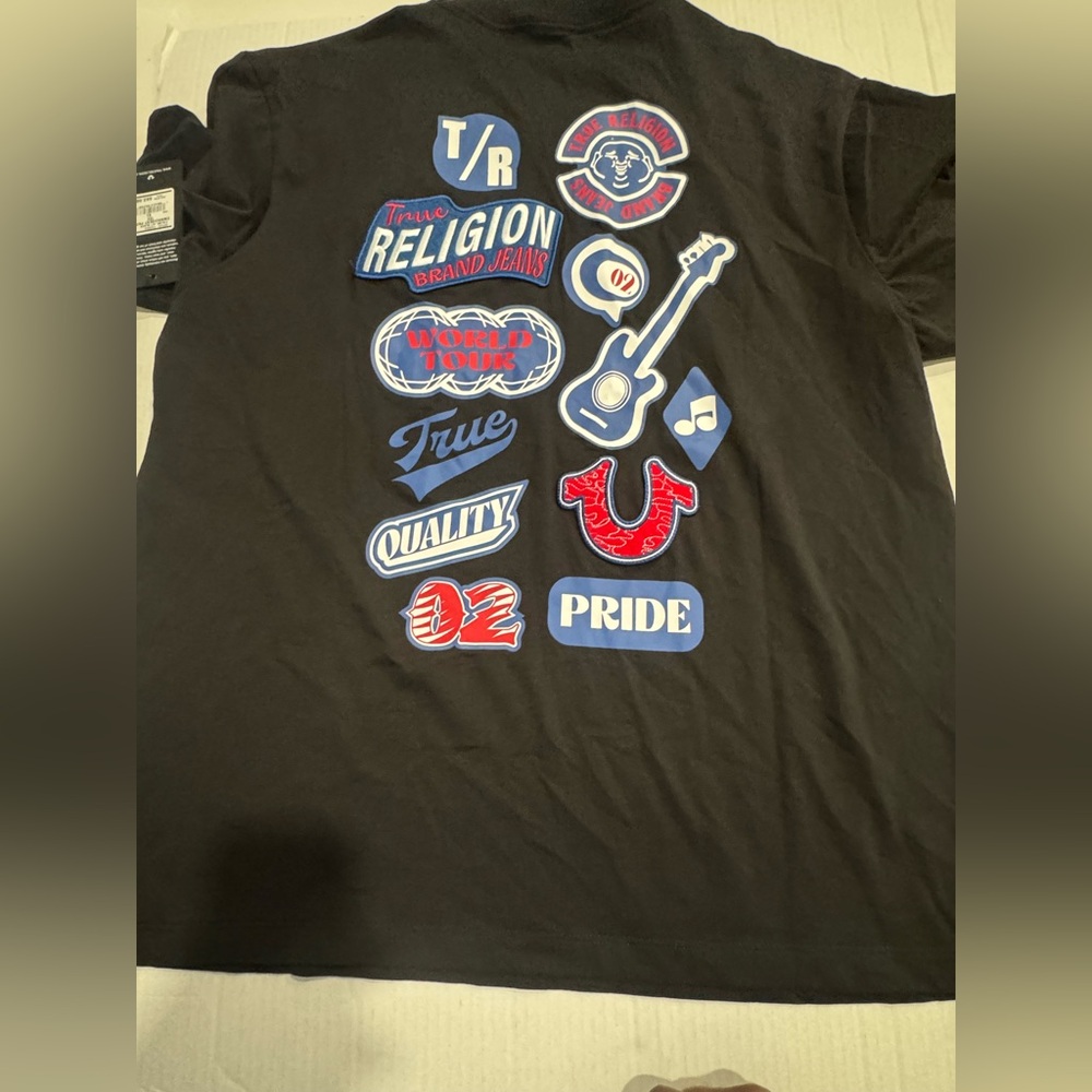 True Religion Black Tee with Red and Blue Logo Patch
